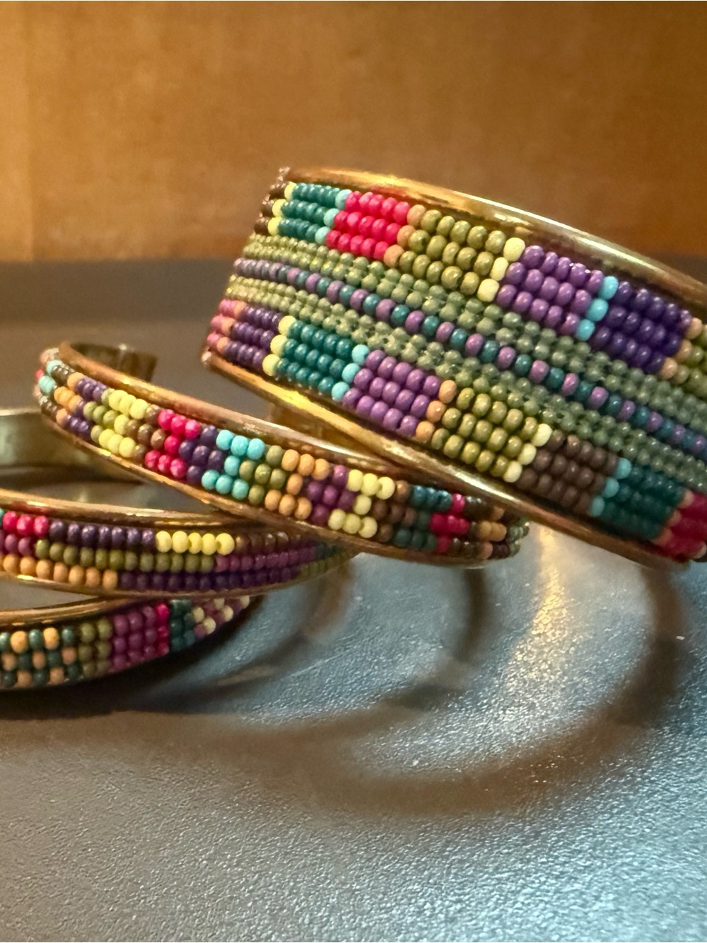 Beaded Brass Cuff Bracelet Set (4) — Boho Southwestern Tribal Style Bangles